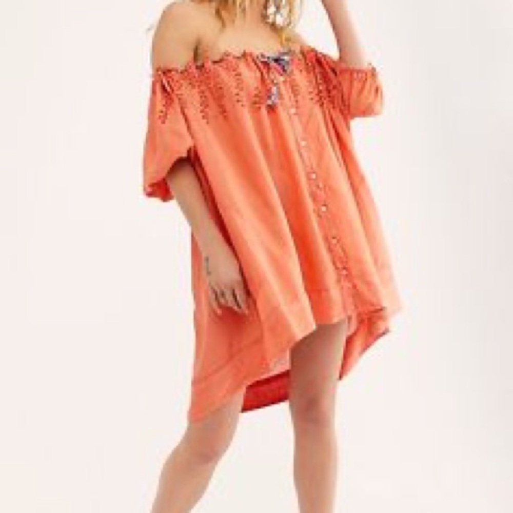 Free People Lydia Orange Eyelet Orange Off the Sleeve Tunic Mini Dress